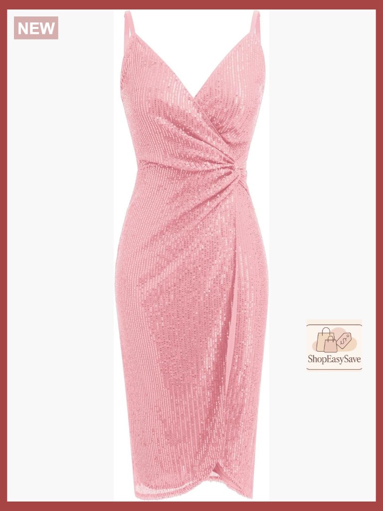 Sequins Ruched Bodycon Midi Dress V Neck Wrap Formal Evening Party Gown